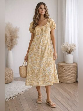 OYSHO Yellow Tropical Print Puff Sleeve Midi Dress Size Medium 100% Cotton